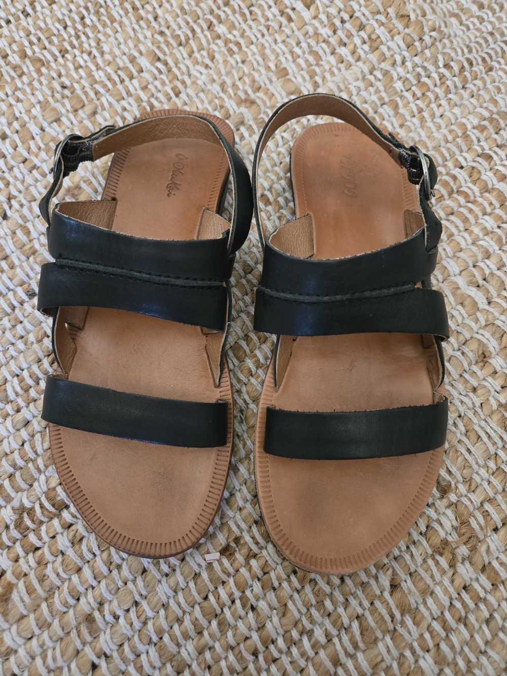 OluKai Black Leather Triple-Strap Women's Sandals